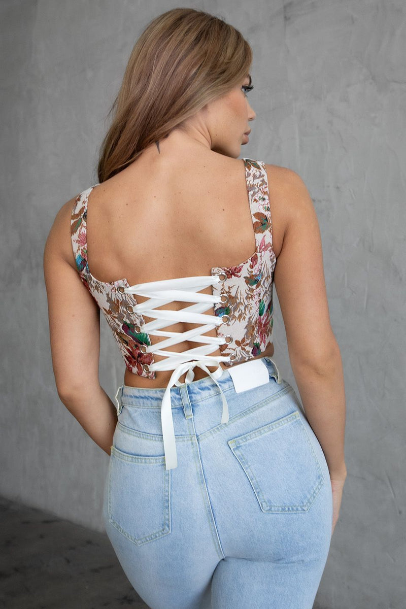 Abigail Tapestry Floral Print Corset Crop Top