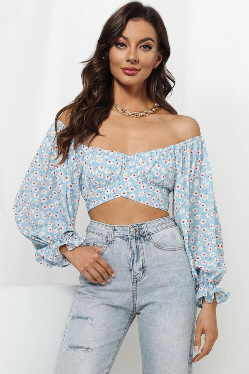 Printed Long Flounce Sleeve Cropped  Crop Top