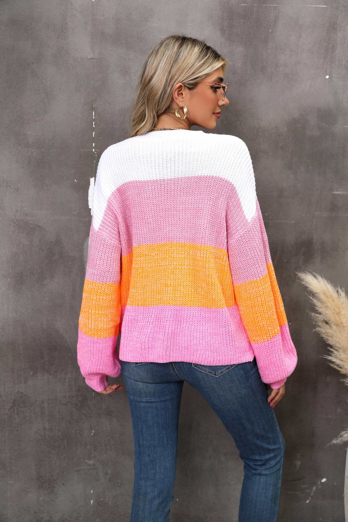 Color Block Round Neck Dropped Shoulder Sweater