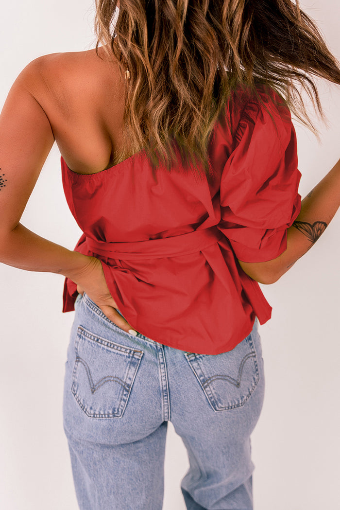 Tied Puff Sleeve One-Shoulder Sleeveless Top