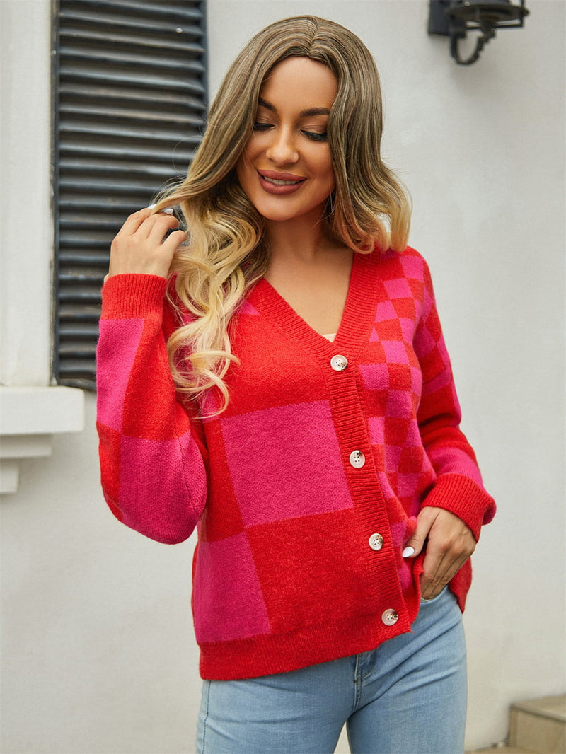 Plaid V-Neck Dropped Shoulder Cardigan Sweater