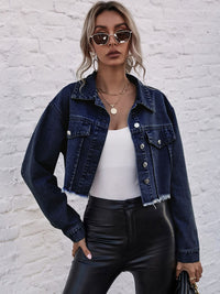 Cropped Collared Neck Raw Hem Denim Jacket