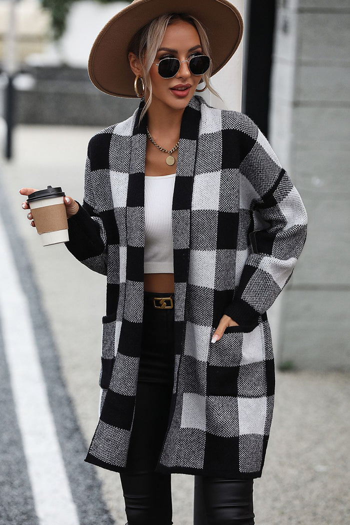 Plaid Dropped Shoulder Sweater Cardigan with Pocket