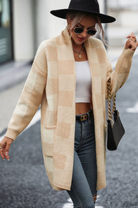 Plaid Dropped Shoulder Sweater Cardigan with Pocket