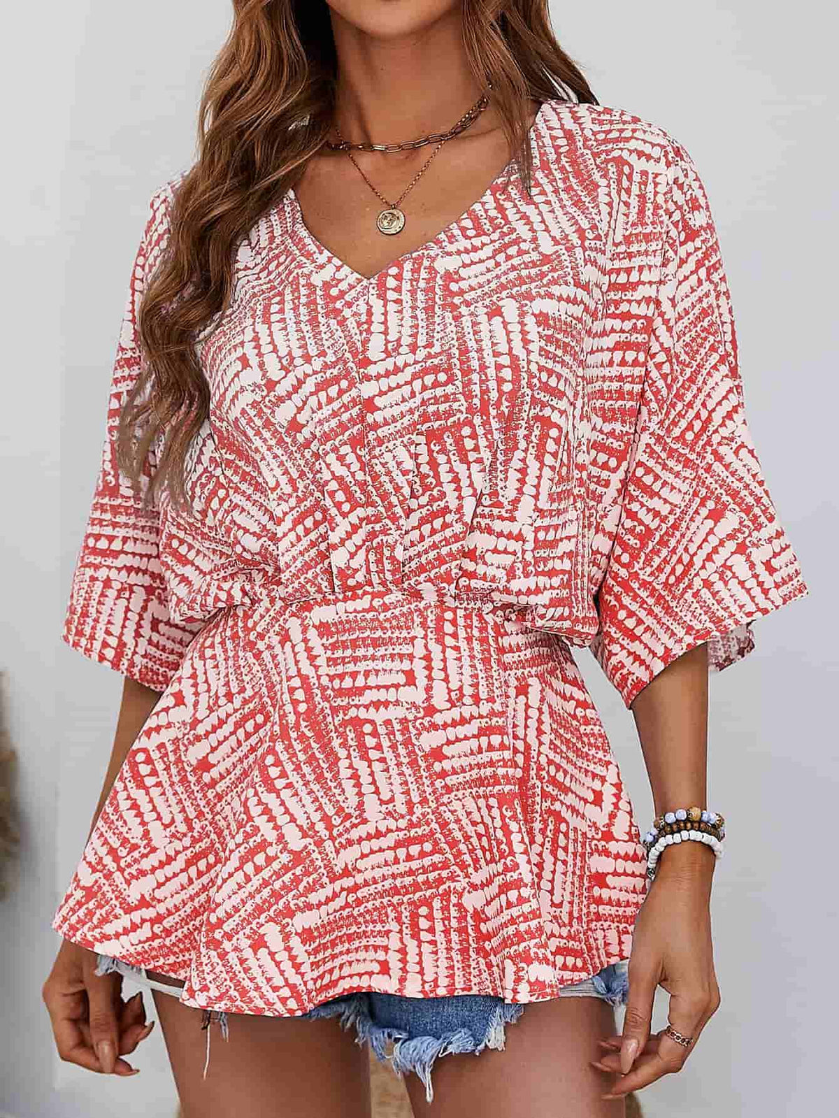 Printed V-Neck Dolman Sleeve Blouse