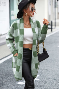 Plaid Dropped Shoulder Sweater Cardigan with Pocket