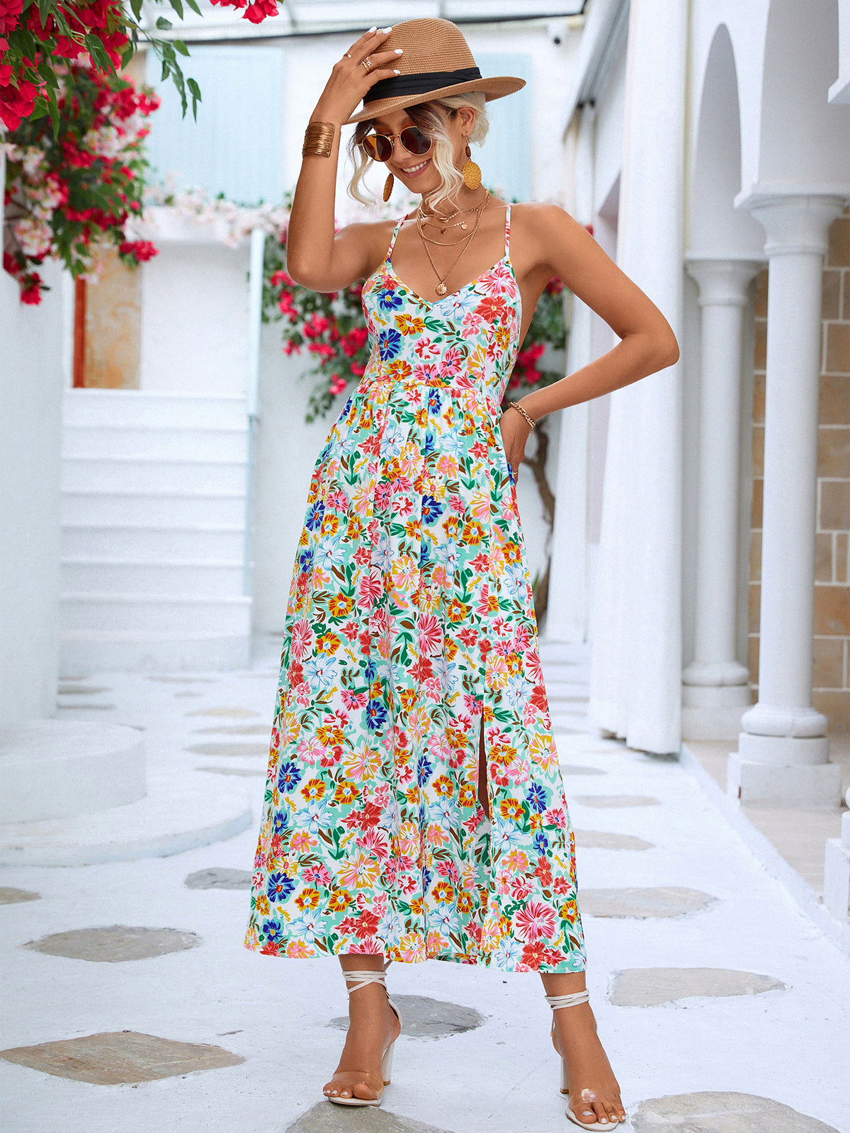 Floral Crisscross Backless Split Maxi Dress