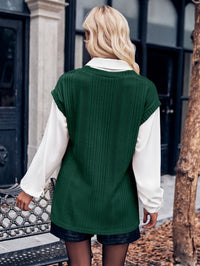 Ribbed Collared Neck Dropped Shoulder Long Sleeve Blouse