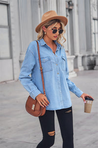 Collared Neck Dropped Shoulder Denim Long sleeve Top