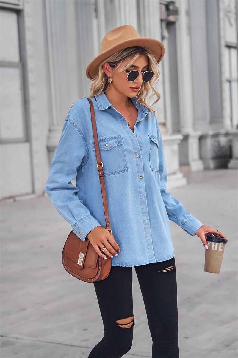 Collared Neck Dropped Shoulder Denim Long sleeve Top