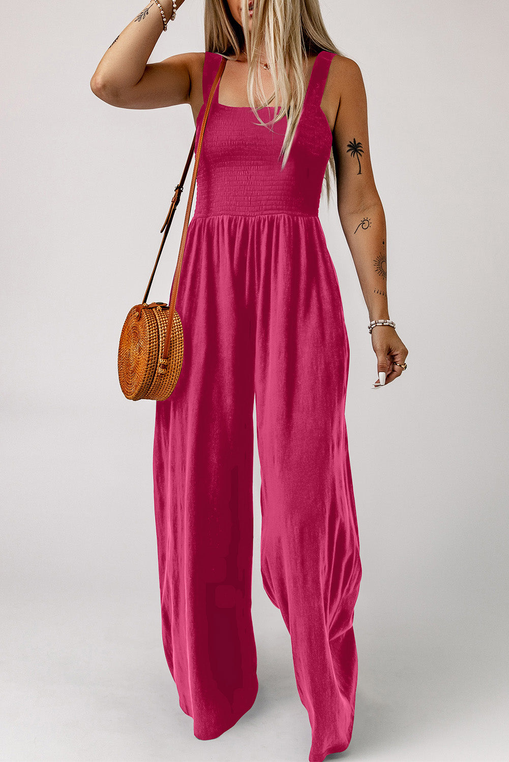 Smocked Square Neck Wide Leg Jumpsuit with Pockets