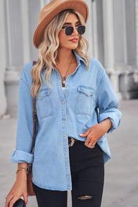 Collared Neck Dropped Shoulder Denim Long sleeve Top