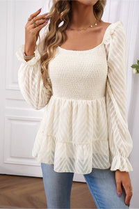 Square Neck Flounce Sleeve Peplum Long Sleeve Top