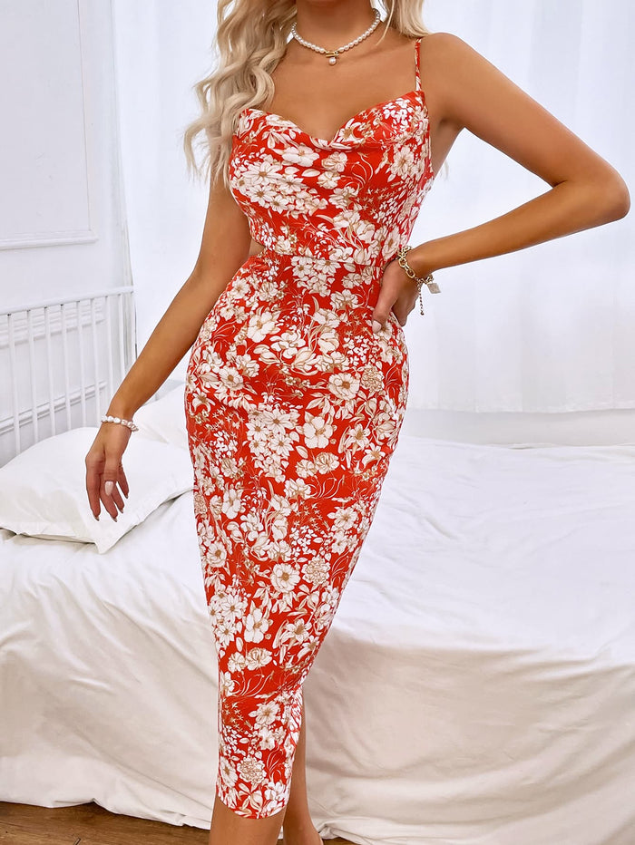 Floral Print Tie Back Cowl Neck Sleeveless Midi Dress