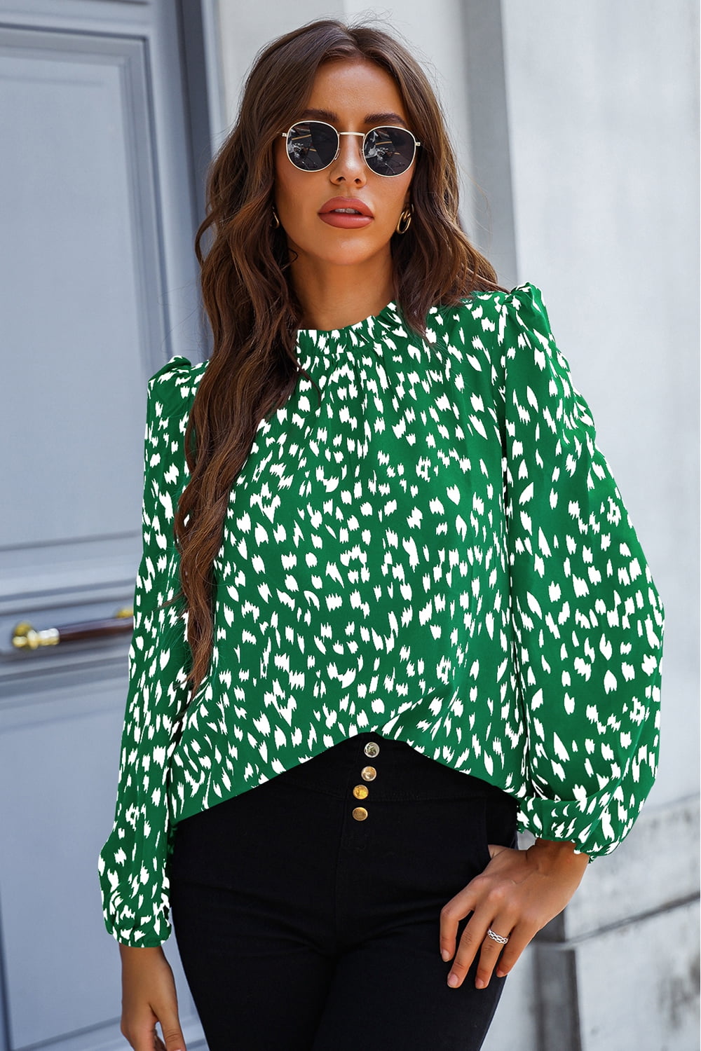 Printed Mock Neck Long Sleeve Blouse