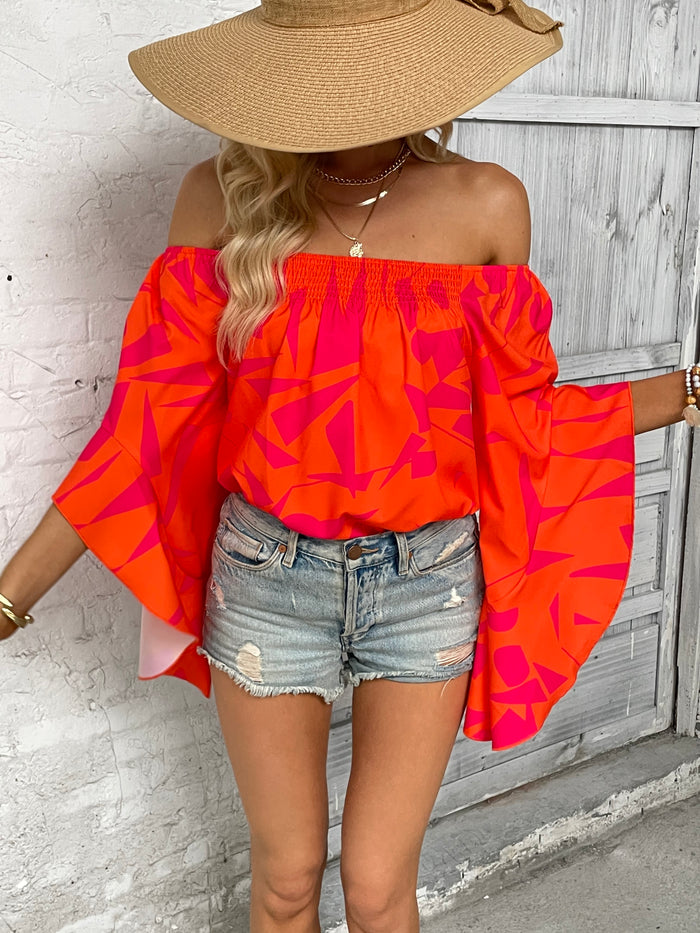 Printed Off-Shoulder Bell Long Sleeve Blouse Red Orange