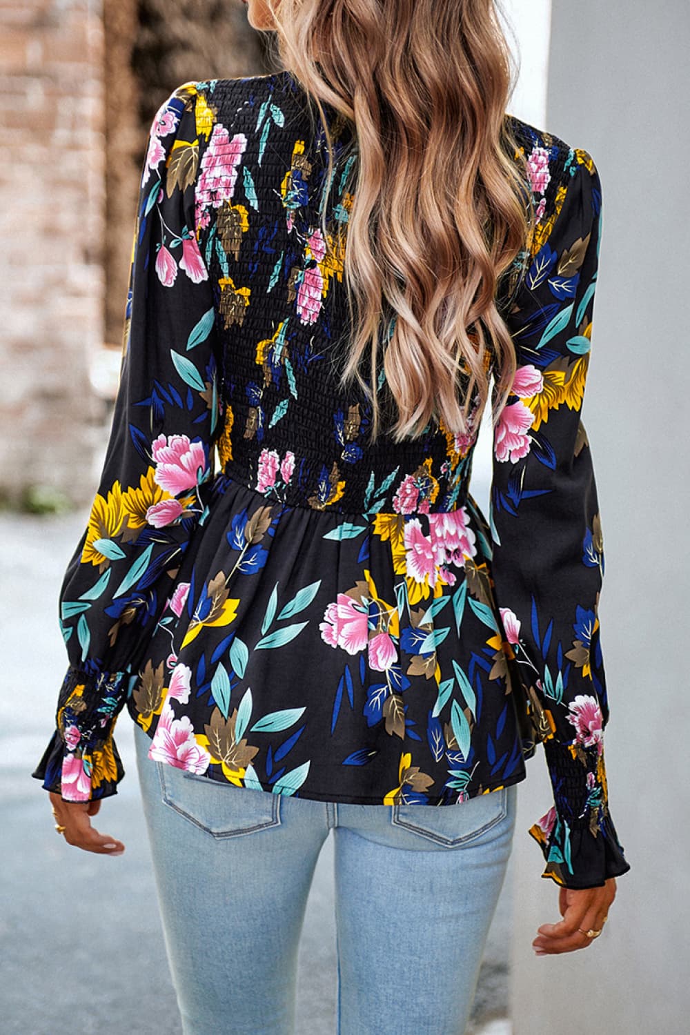 Round Neck Flounce Sleeve Peplum Long Sleeve Top