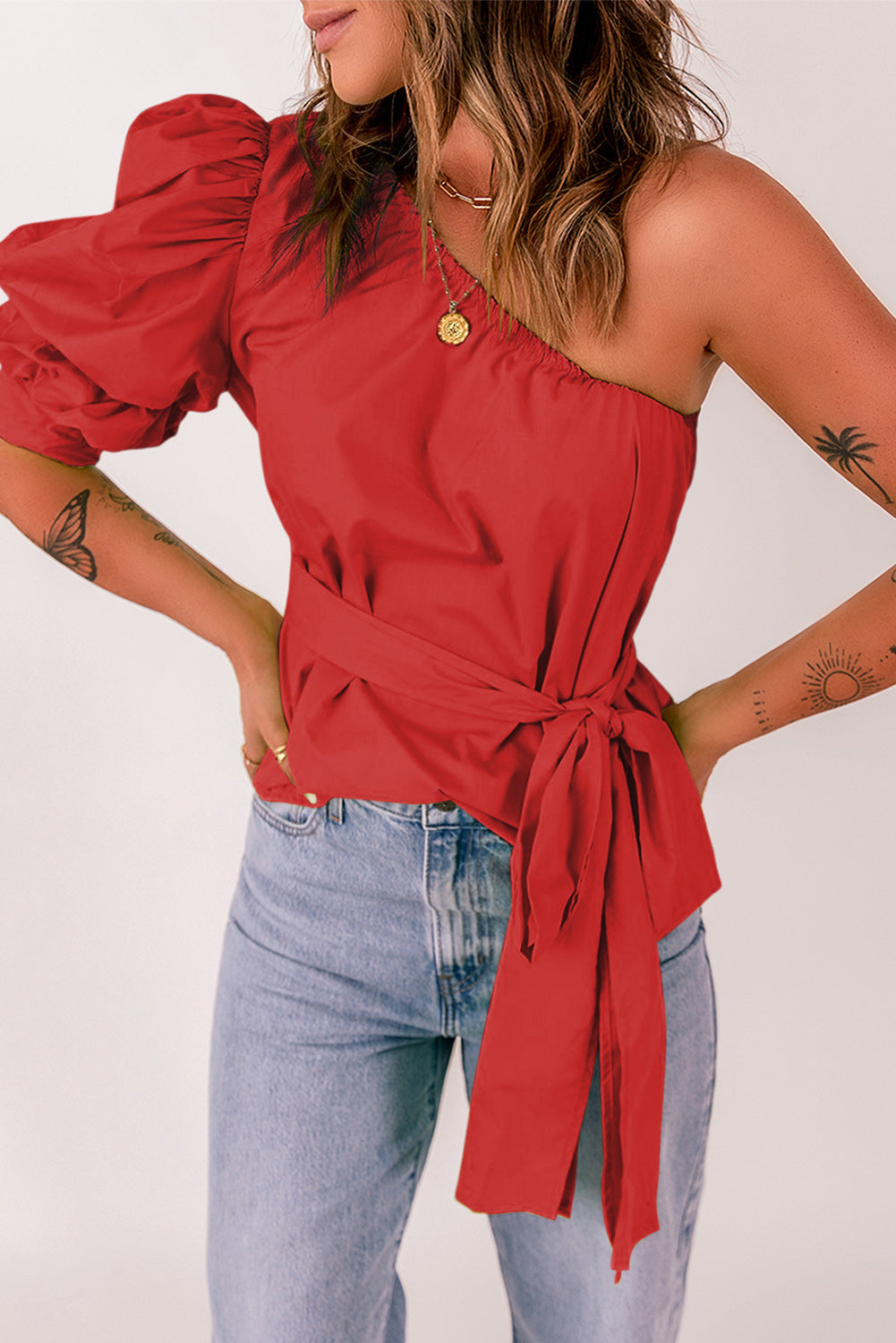 Tied Puff Sleeve One-Shoulder Sleeveless Top