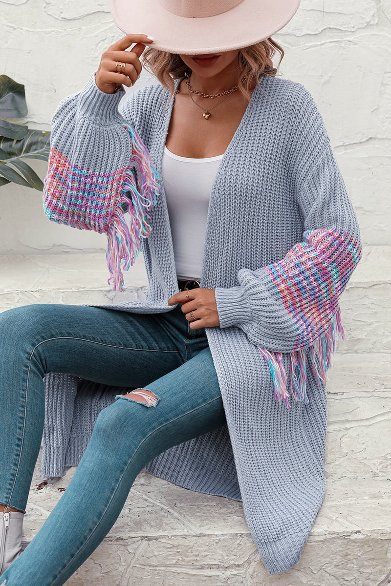 Fringe Sleeve Dropped Shoulder Cardigan Sweater