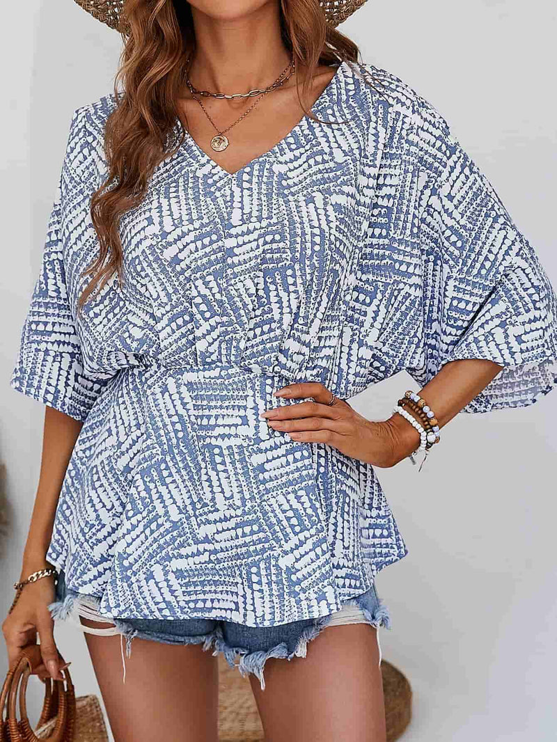 Printed V-Neck Dolman Sleeve Blouse