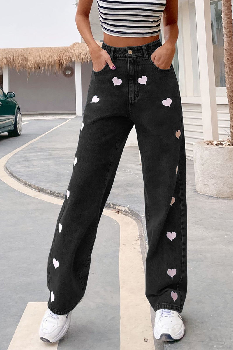 Heart Print Button Fly Jeans