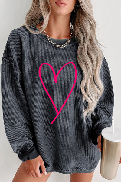 Heart Round Neck Dropped Shoulder Sweatshirt