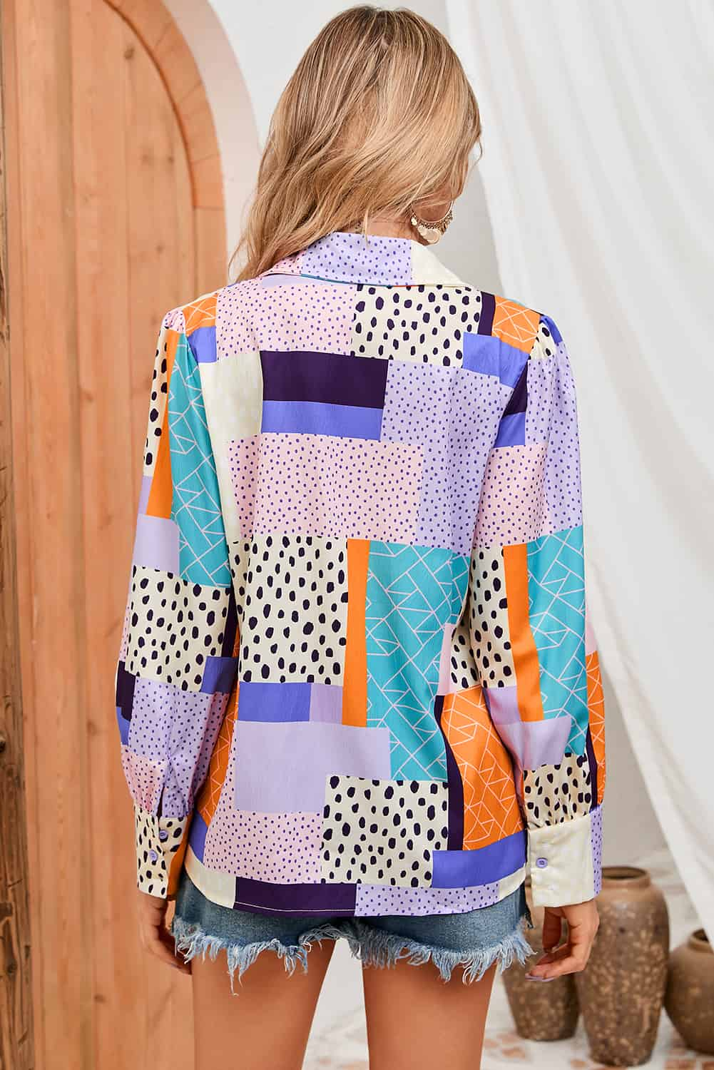 Double Take Patchwork Puff Long Sleeve Collared Shirt