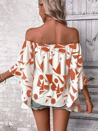 Printed Off-Shoulder Bell Long Sleeve Blouse Red Orange