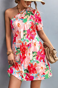 Floral One-Shoulder Puff Sleeve Mini Dress