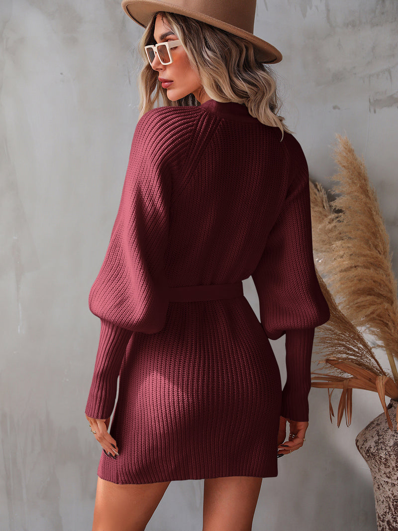 Belted Surplice Lantern Sleeve Wrap Sweater Mini Dress