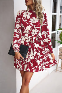 Floral Mock Neck Tie Waist Pleated Mini Dress