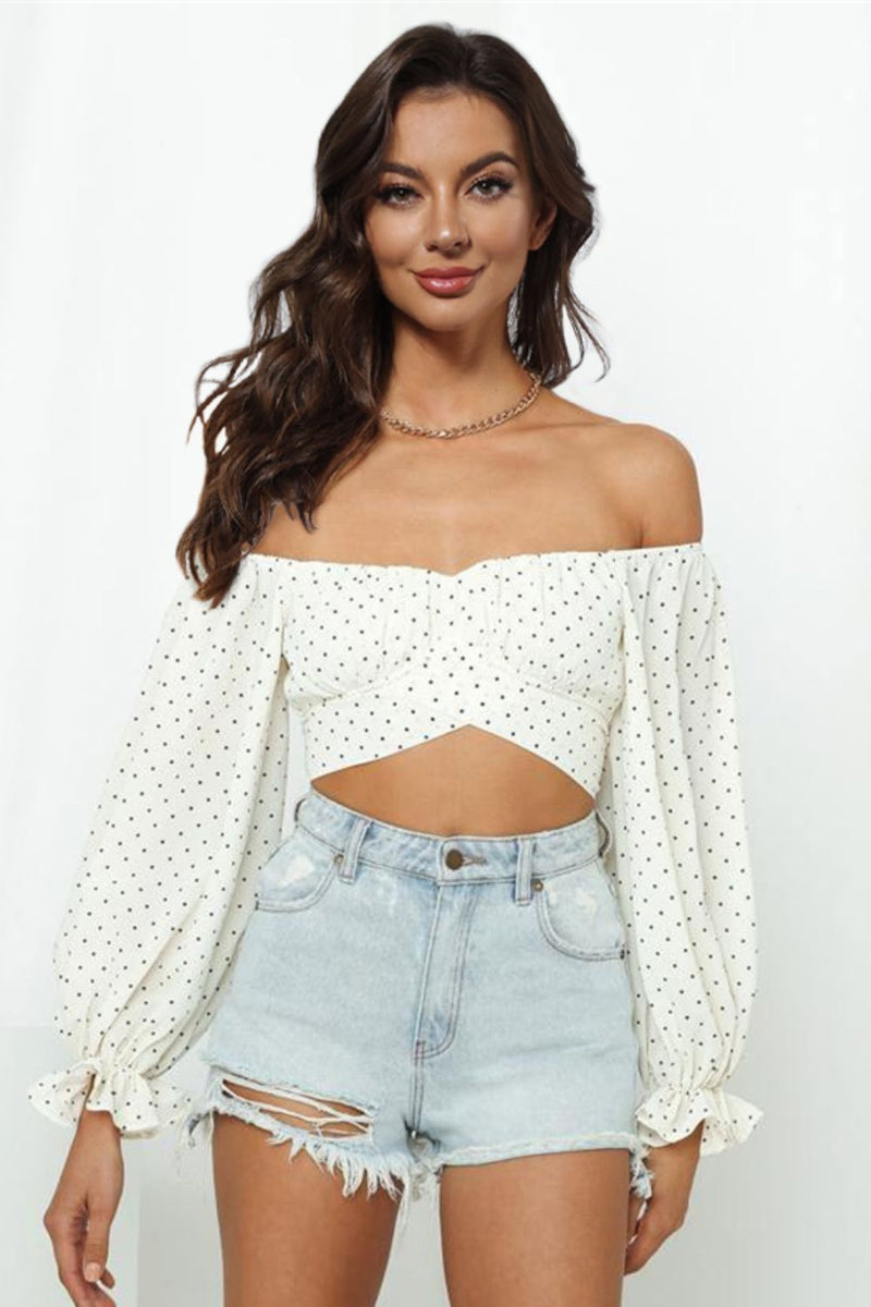 Printed Long Flounce Sleeve Cropped  Crop Top