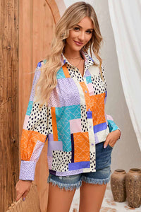 Double Take Patchwork Puff Long Sleeve Collared Shirt