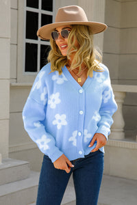 Floral Dropped Shoulder Button-Up Cardigan Sweater