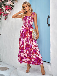 Floral Tie-Shoulder Frill Trim Smocked Maxi Dress