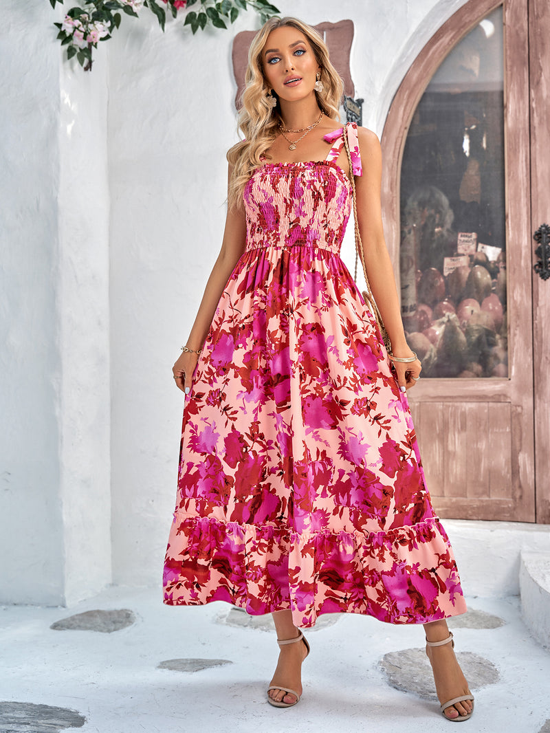 Floral Tie-Shoulder Frill Trim Smocked Maxi Dress