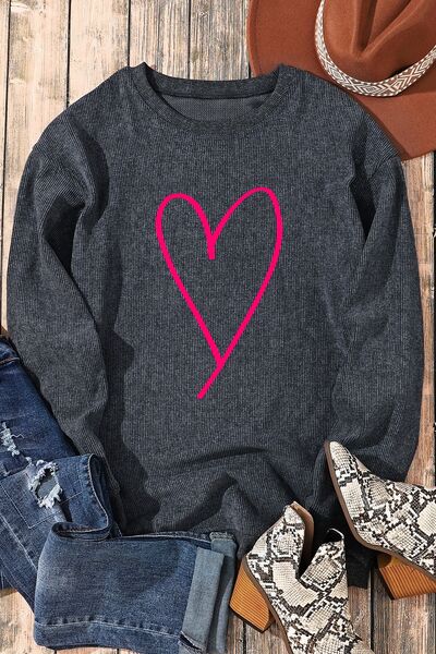 Heart Round Neck Dropped Shoulder Sweatshirt