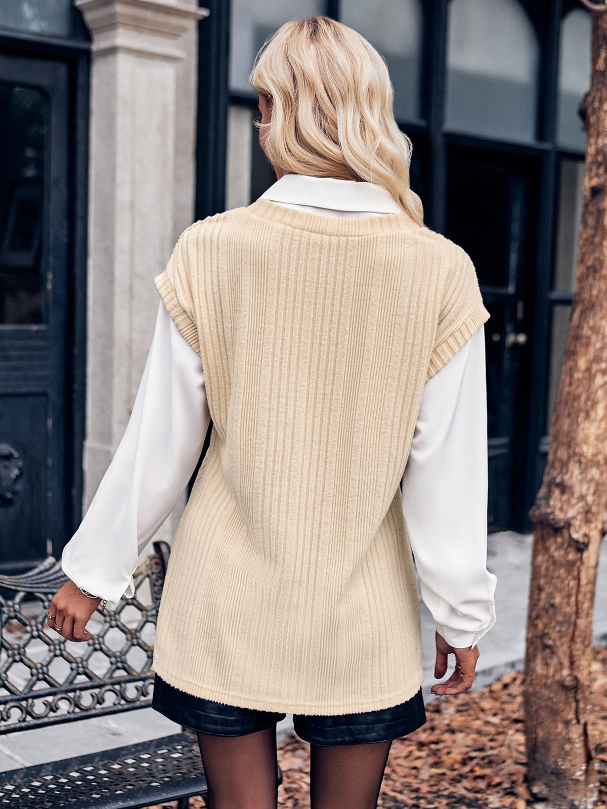 Ribbed Collared Neck Dropped Shoulder Long Sleeve Blouse