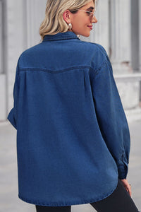 Collared Neck Dropped Shoulder Denim Long sleeve Top