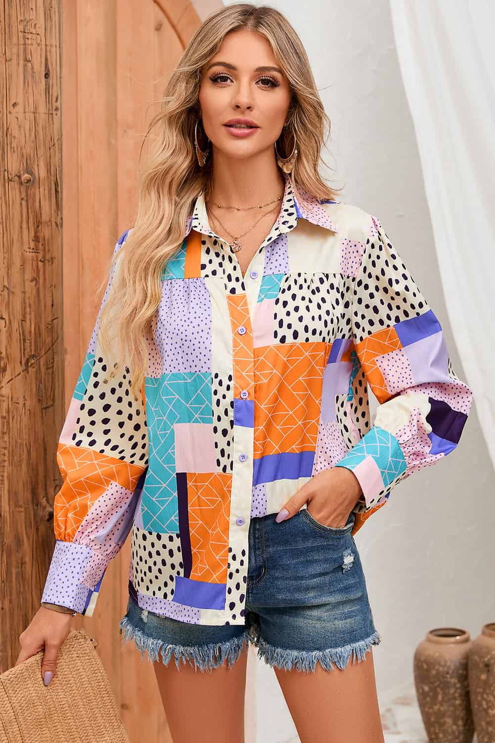 Double Take Patchwork Puff Long Sleeve Collared Shirt