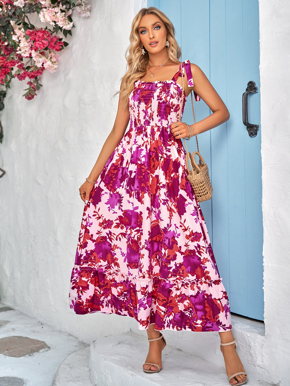 Floral Tie-Shoulder Frill Trim Smocked Maxi Dress