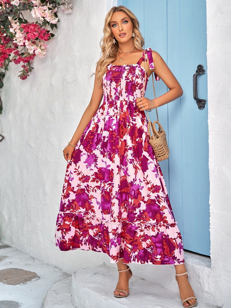 Floral Tie-Shoulder Frill Trim Smocked Maxi Dress