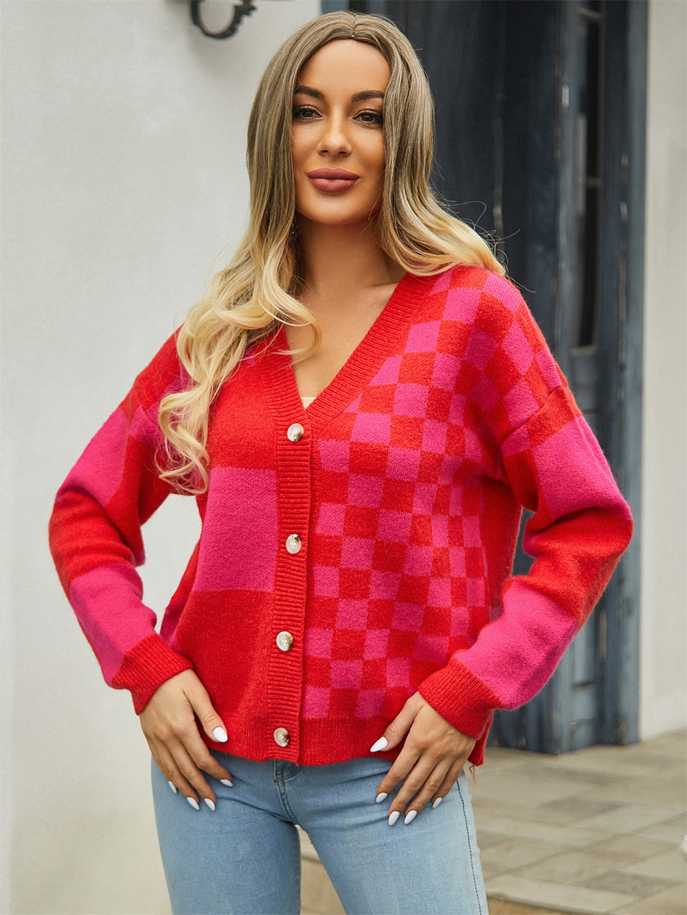 Plaid V-Neck Dropped Shoulder Cardigan Sweater