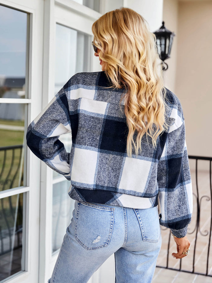 Double Take Plaid Button Front Dropped Shoulder Collared Jacket