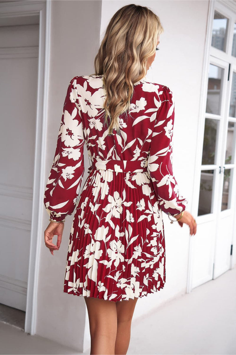 Floral Mock Neck Tie Waist Pleated Mini Dress