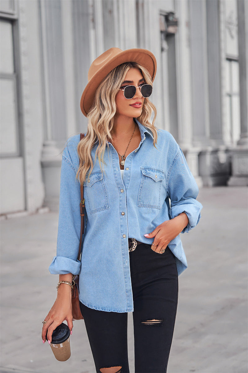 Collared Neck Dropped Shoulder Denim Long sleeve Top