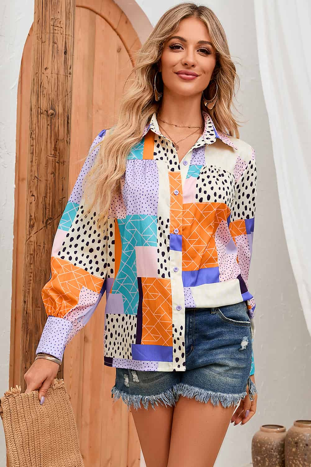 Double Take Patchwork Puff Long Sleeve Collared Shirt