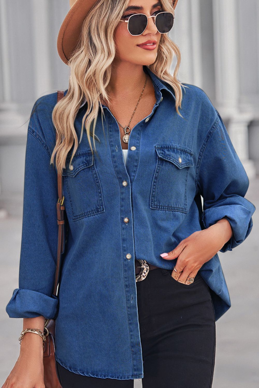 Collared Neck Dropped Shoulder Denim Long sleeve Top