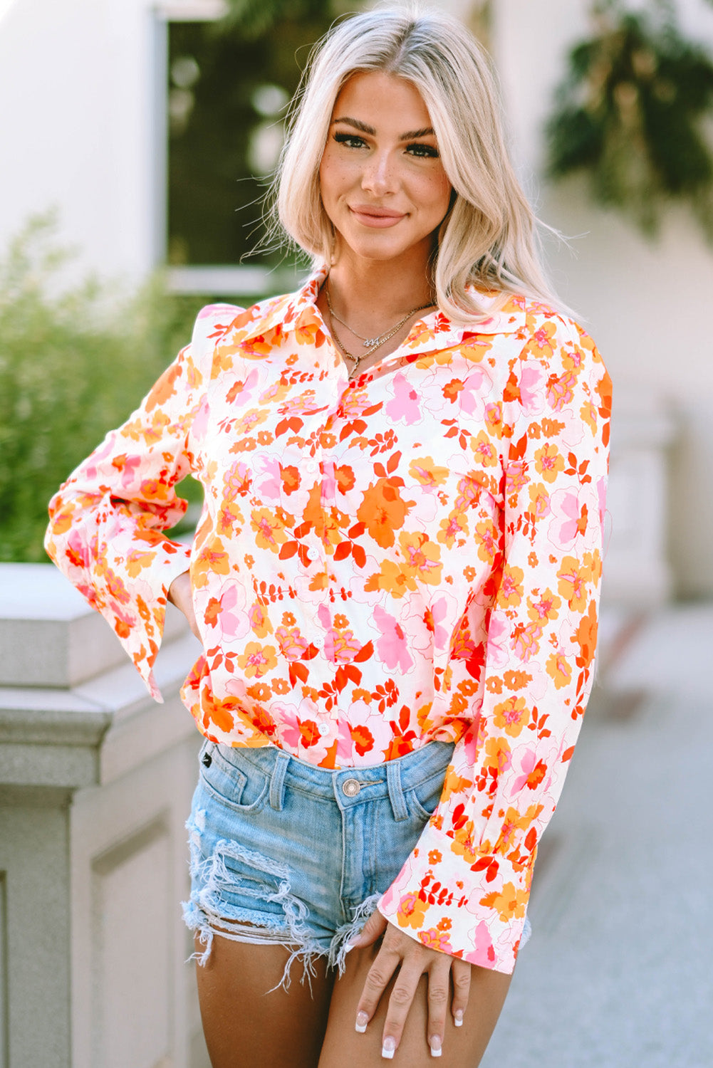 Floral Collared Neck Long Sleeve Blouse