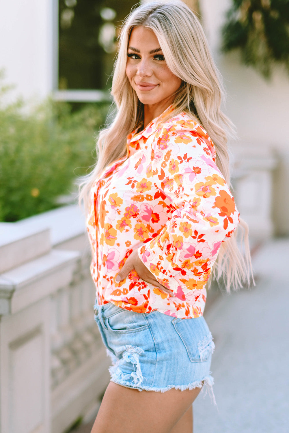 Floral Collared Neck Long Sleeve Blouse